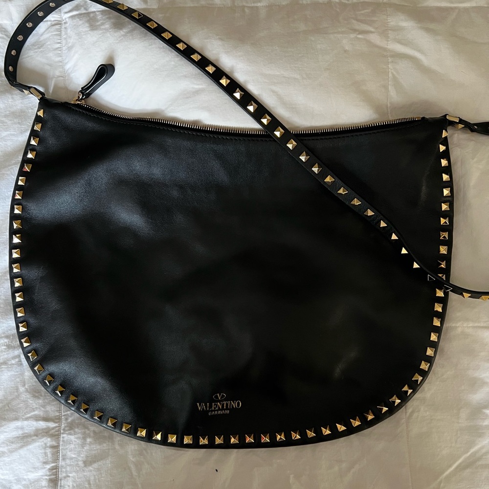 Valentino Garavani Black Leather Rockstud Crescent Shoulder Bag